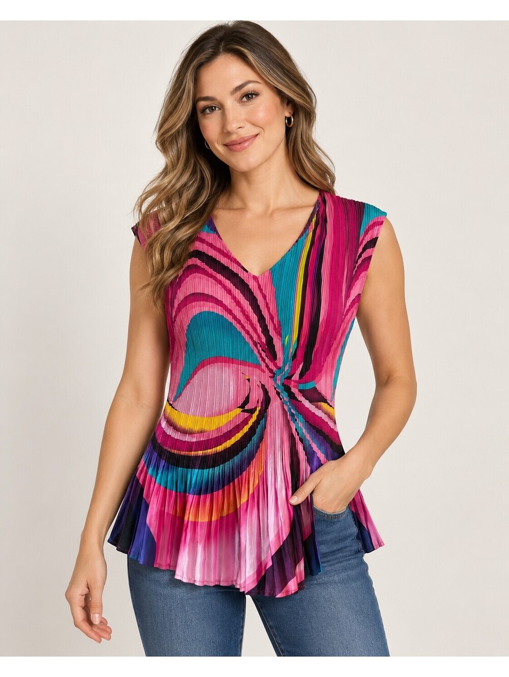 Cato Size L Pleated Abstract Print Blouse Pink Teal Sleeveless Top